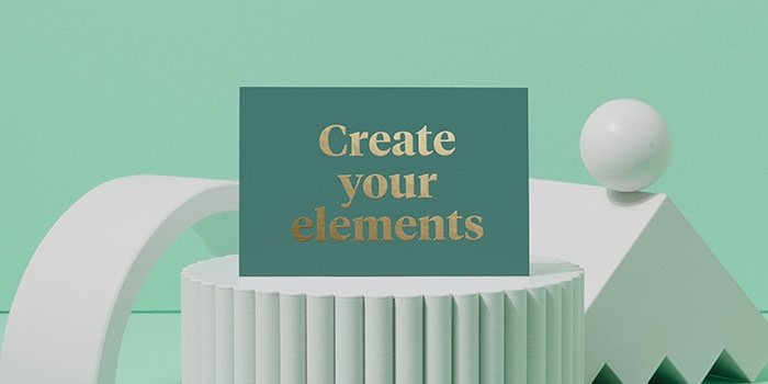 Green postcard with gold foil text saying create your elements
