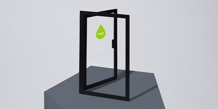 Open glass door with a MOO logo