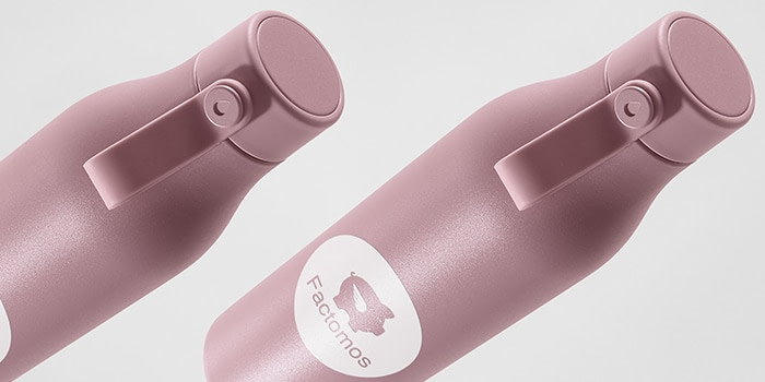 Pink water bottles with a custom design by Factomos made with MOO