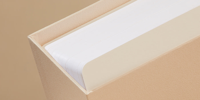 Closeup of a beige presentation box for business cards