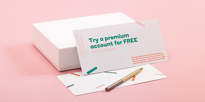 Referral note cards offering to try a premium account for free