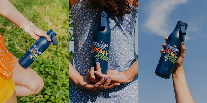 Lifestyle photos of the Blue reusable water bottle by Kitty and Vibe and MOO being used