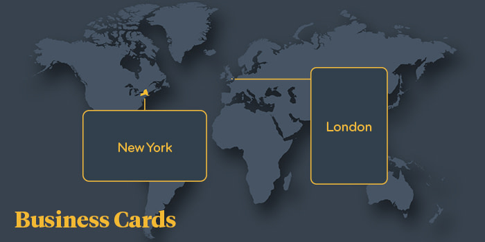 Map calling out New York and London as the top business card purchase locations