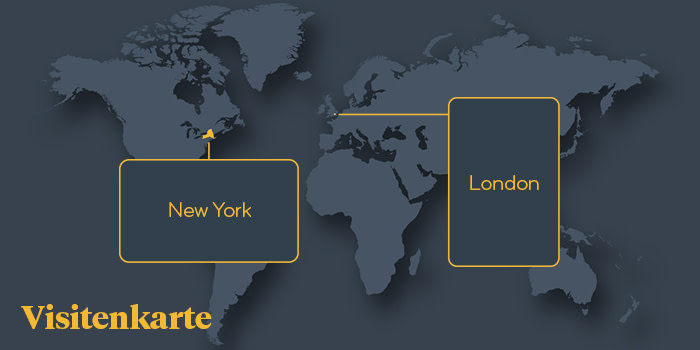 Map calling out New York and London as the top business card purchase locations