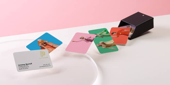 Set of colorful Priya Living business cards