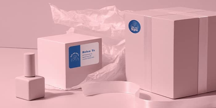 Pink packaging with blue stickers