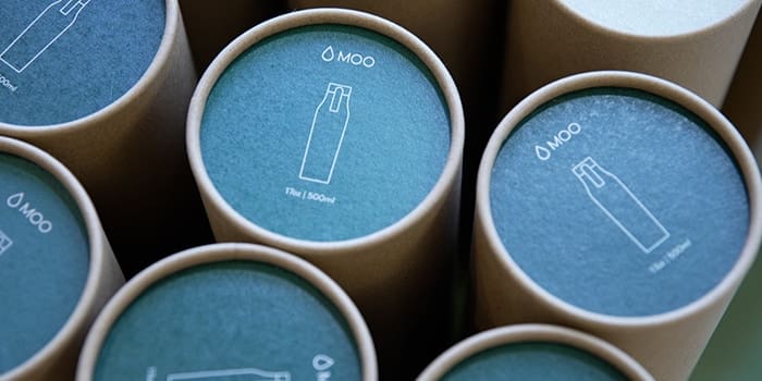 MOO Water Bottles in their packaging