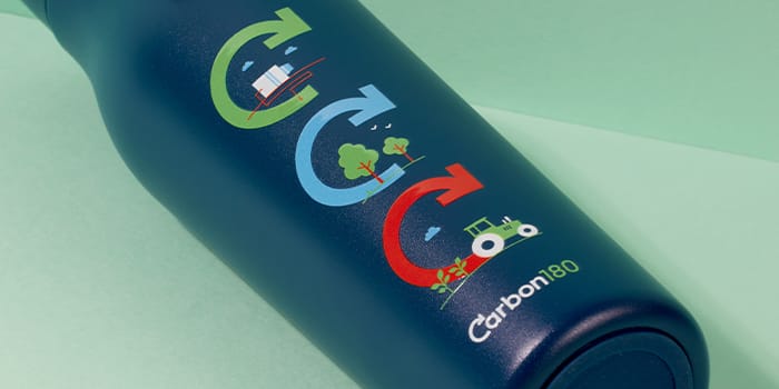 Closeup of a custom branded water bottles with colorful design by Carbon180 and MOO