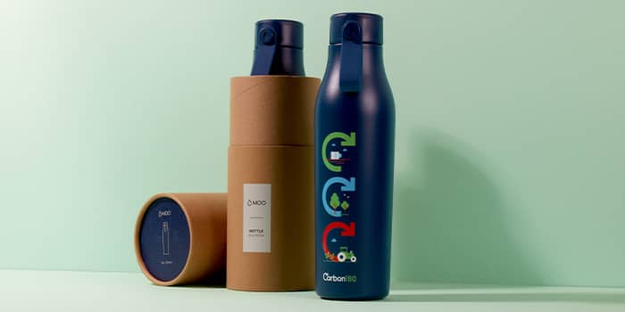 two Carbon180 eco-friendly reusable bottles and their packaging