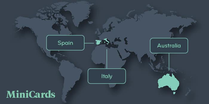 Map calling out Spain, Italy, and Australia as the top minicard purchase locations