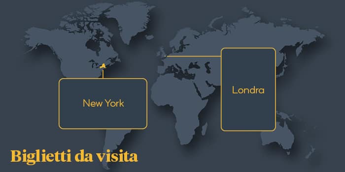 Map calling out New York and London as the top business card purchase locations