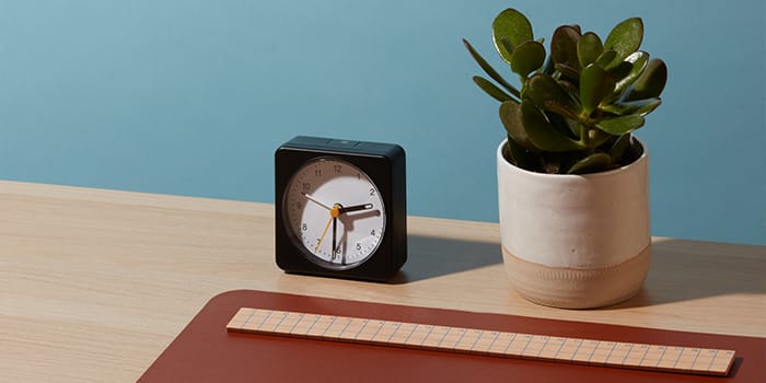 A table with a clock, ruler and house plant