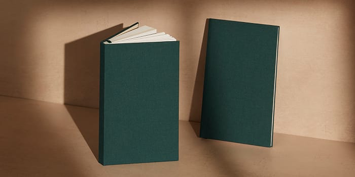 A photo of two hardcover notebooks in green 
