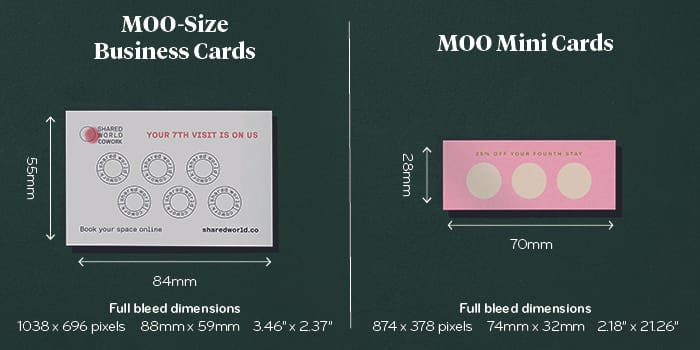 Graphics showing how you can design a MOO-size buisness card and a mini card to be loyalty cards.