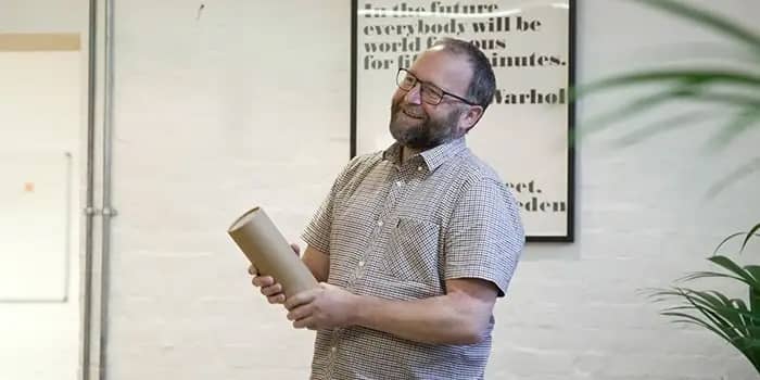 Employee with Water Bottle.