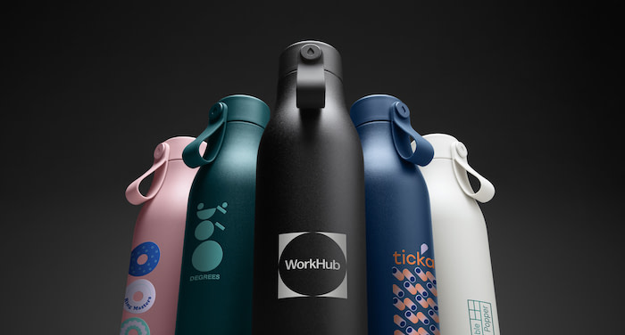 5 custom water bottles in various colors