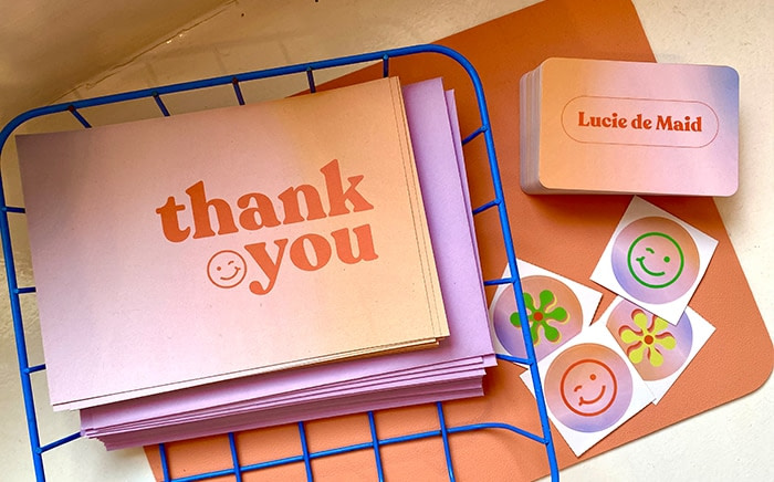 Pink and mauve gradient thank you cards, round stickers and business cards by Lucie de Maid