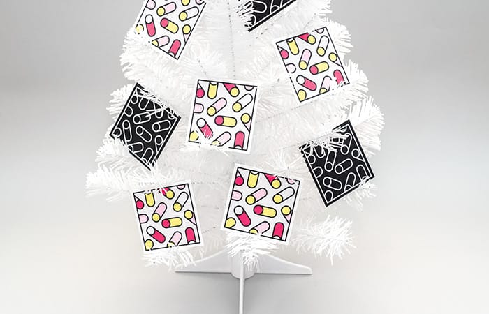 Tim Easley square cards in Christmas tree