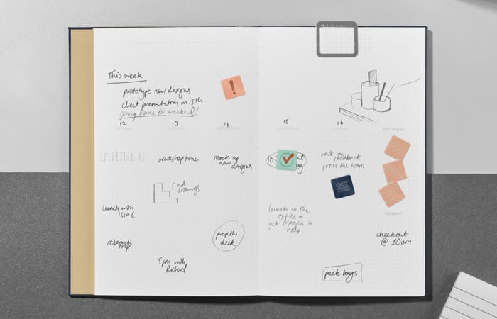 Open perpetual planner with notes, scheduled tasks, and small decorative stickers