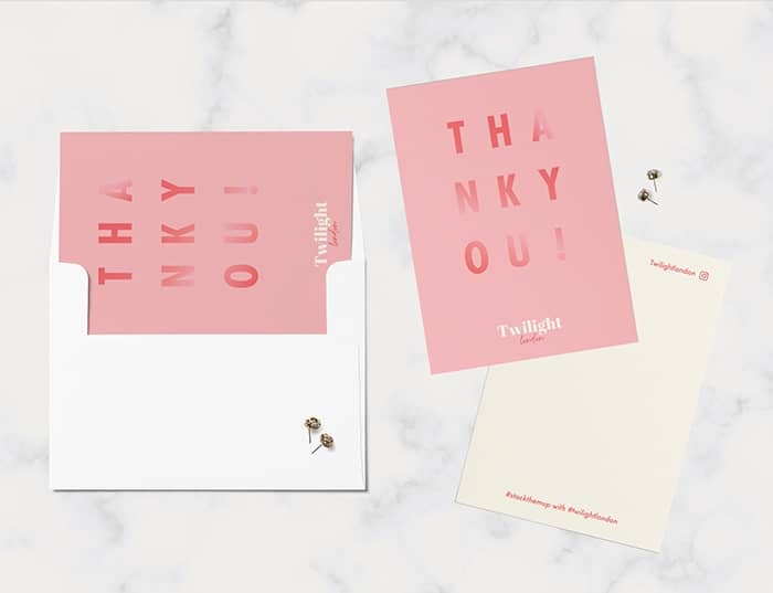 Pink Thank You Cards with gradient lettering by graphic designer Chelsea Smith