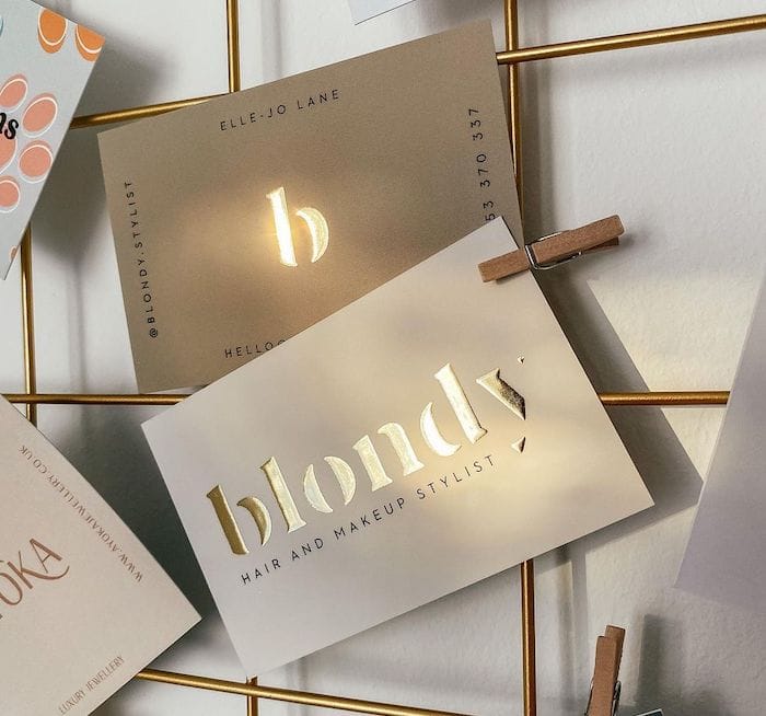 Blondy hair stylist business cards with gold foil by Lucys Logos