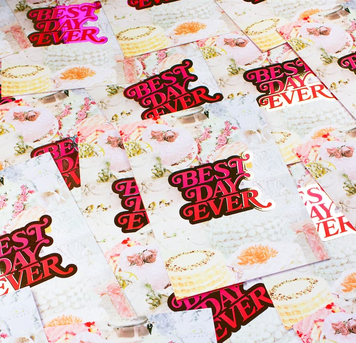 Best day ever foil postcard designs by Julia Walck photographed by Mary Costa