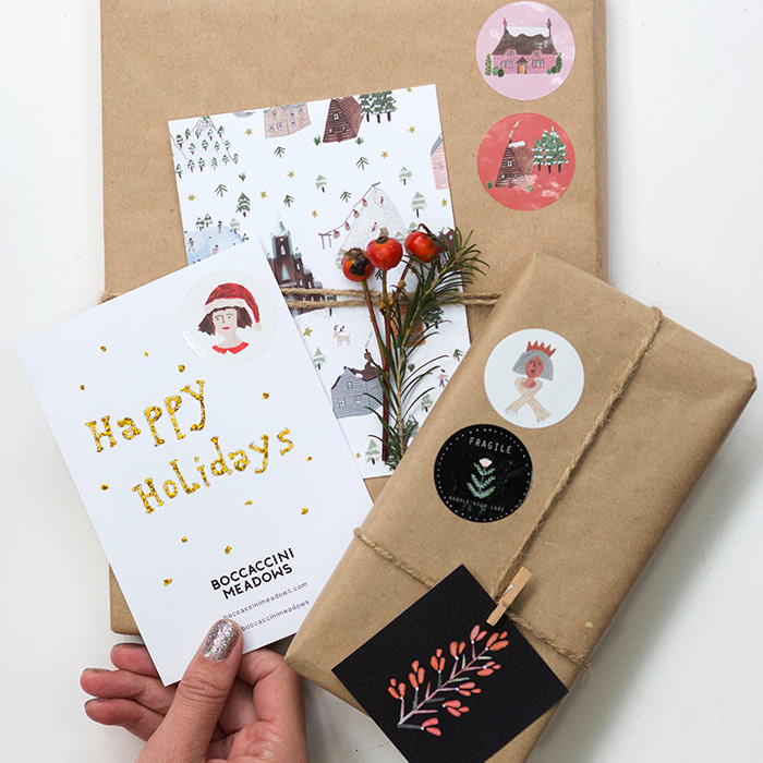 Sara Boccaccini Meadows Christmas cards and round stickers