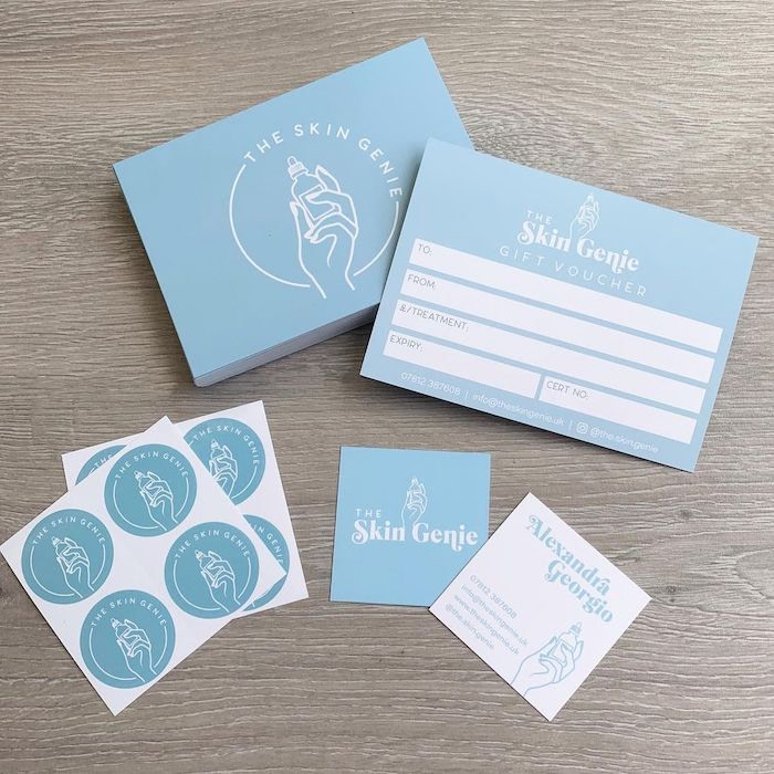 The Skin Genie marketing materials including gift vouchers, stickers and square business cards designed by Beths Branding Co