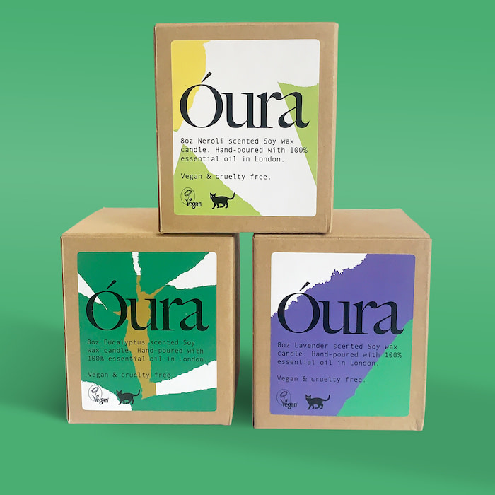 Óura trio of candle boxes with custom labels