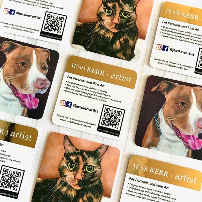Square business cards with cats and dogs by artist Jess Kerr