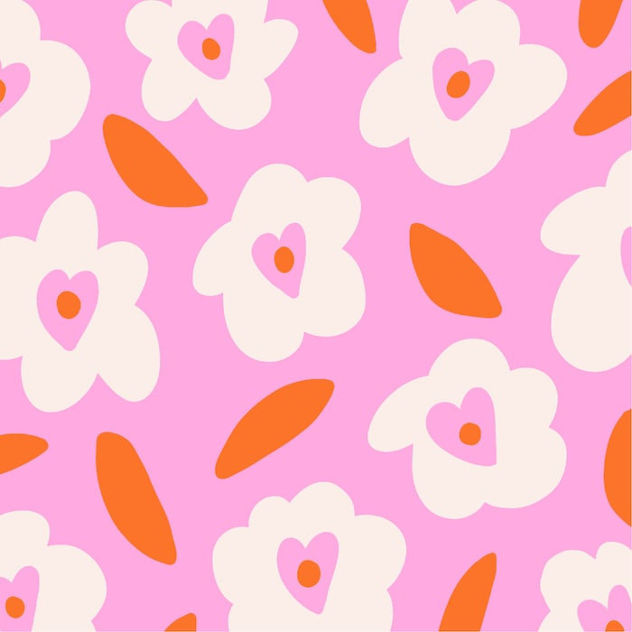 Flower love pattern design by Miou Studio representing white flowers with a pink heart at their center and red petals on a pink background