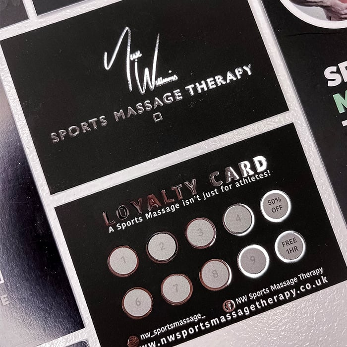 Black and silver foil loyalty cards for NW sports massage therapy designed by Sweet Pea Design Studio