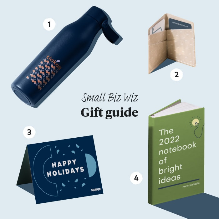 Small business owner-themed gift guide with a custom blue insulated bottle, a happy holidays greeting card, a business card holder and a custom notebook planner