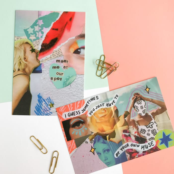 2 Paper Puso collage art postcards next to paper clips