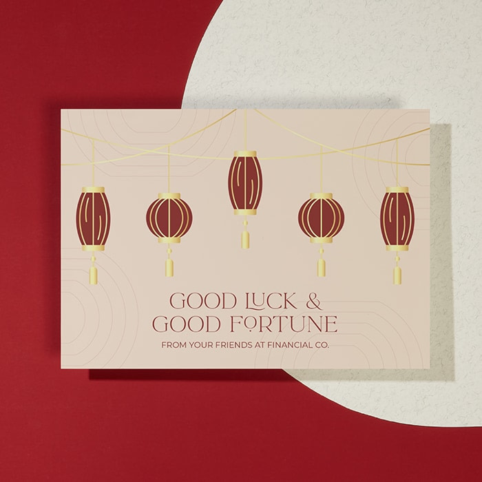 Light red Chinese new year card with lanterns
