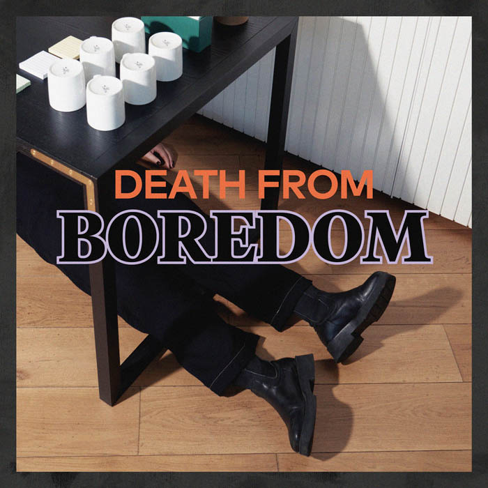 Corpse under a table and overlay text that reads "death from boredom"