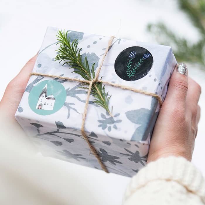 Gift decorated with Sara Boccaccini Meadows round stickers