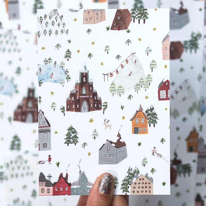 Sara Boccaccini Meadows holiday card with snowy mountains and houses