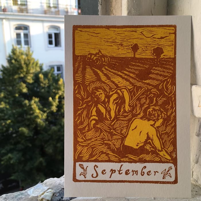 Tom Maryniak september woodcut postcard