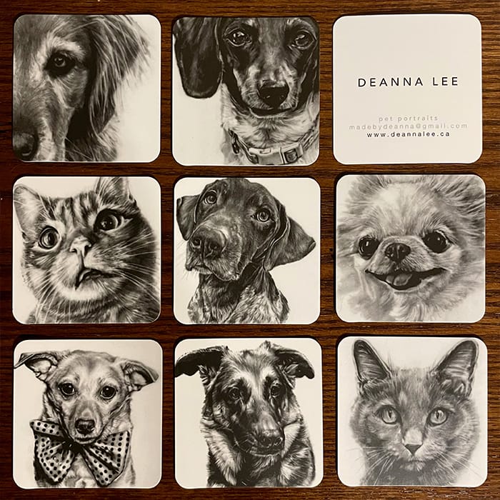 Mosaic of cat and dog square business cards by pet portrait artist Deanna Lee