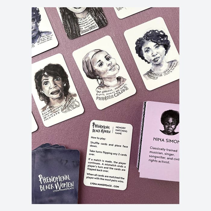 Phenomenal Black Women memory game featuring cards with watercolor portraits of historical Black women by Lydia Makepeace