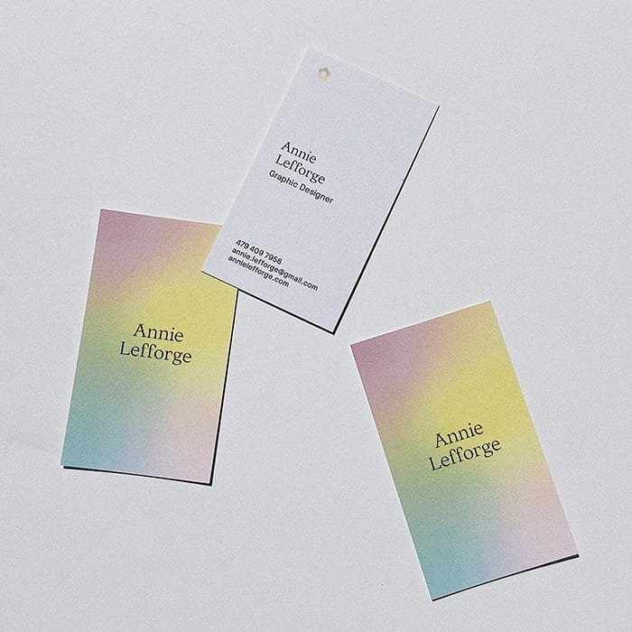 Pastel pink blue and yellow radient business cards front and back by Annie Lefforge