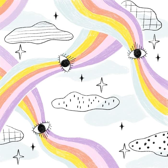 Dreamy pattern design by Gwendoline Lefeuvre representing 5-color rainbows with eye doodles and a white background with line drawings of clouds and sparkles