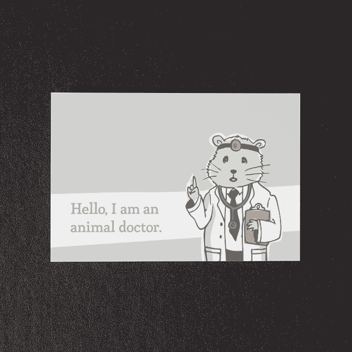 GIF showing two versions of a business card for vets. The updated version is bright orange with a fun bubbly font.