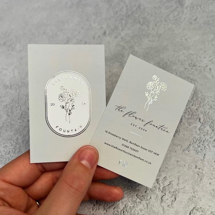 Silver foil business card prints for a small business selling flowers and plants