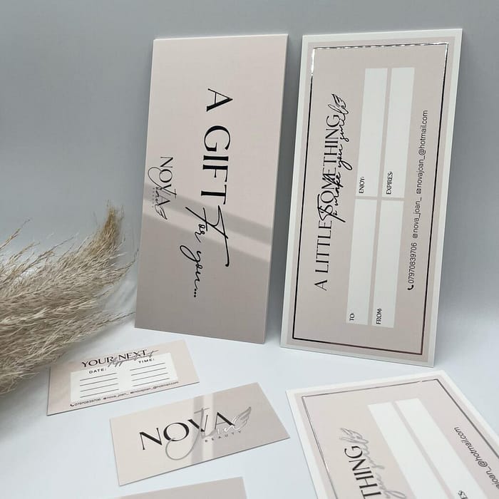 Silver foiled gift card for a beauty business 