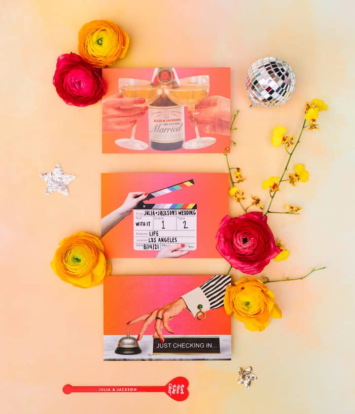 Wedding stationery including postcard designs by Julia Walck, photographed by Mary Costa