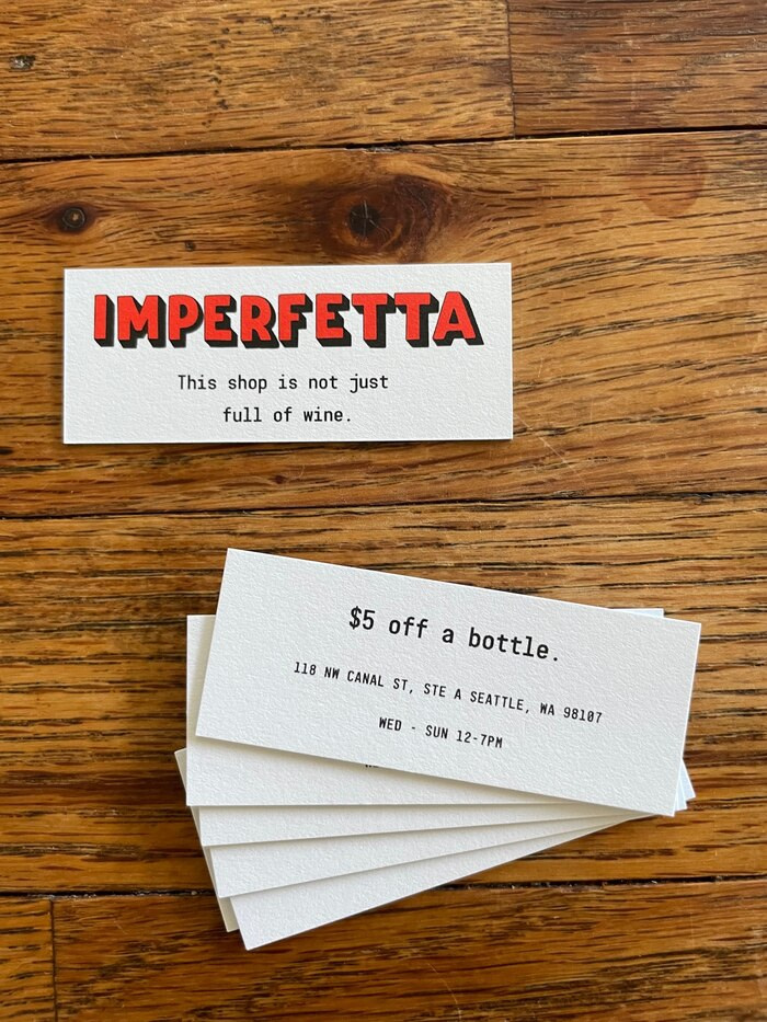 Retail minicards for Imperfetta offering a discount on a subsequent purchase