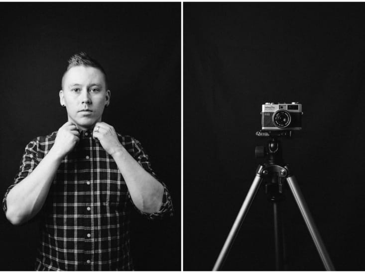 Roope Sirola standing next to a photo camera