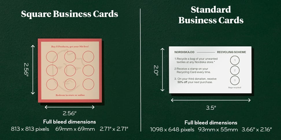Graphics showing how you can design a square buisness card and a standard size business card to be loyalty cards.